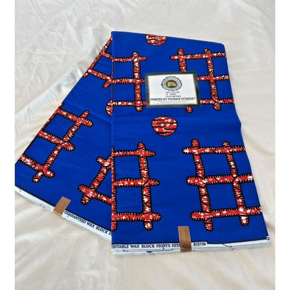 Phoenix Hitarget African Wax Blue Checkered Print Fabric 12 Yards 100% Cotton